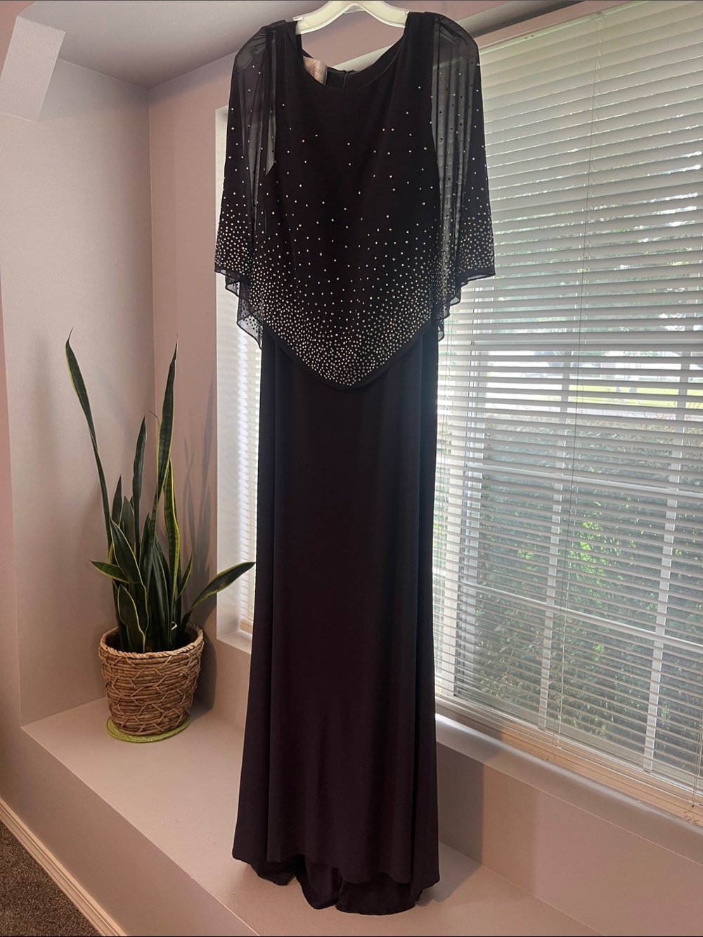 Oleg Cassini Navy Beaded Capelet Maxi Dress